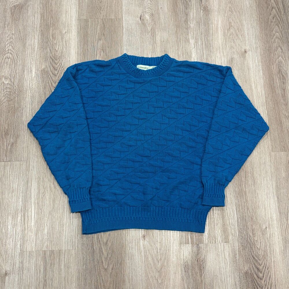 Vintage 80s St. John's Bay Jacquard Textured Knit Sweater Mens Large Blue Cotton